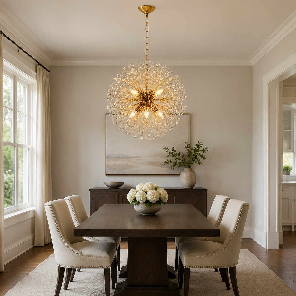 Dandelion crystal round chandelier in a dining room