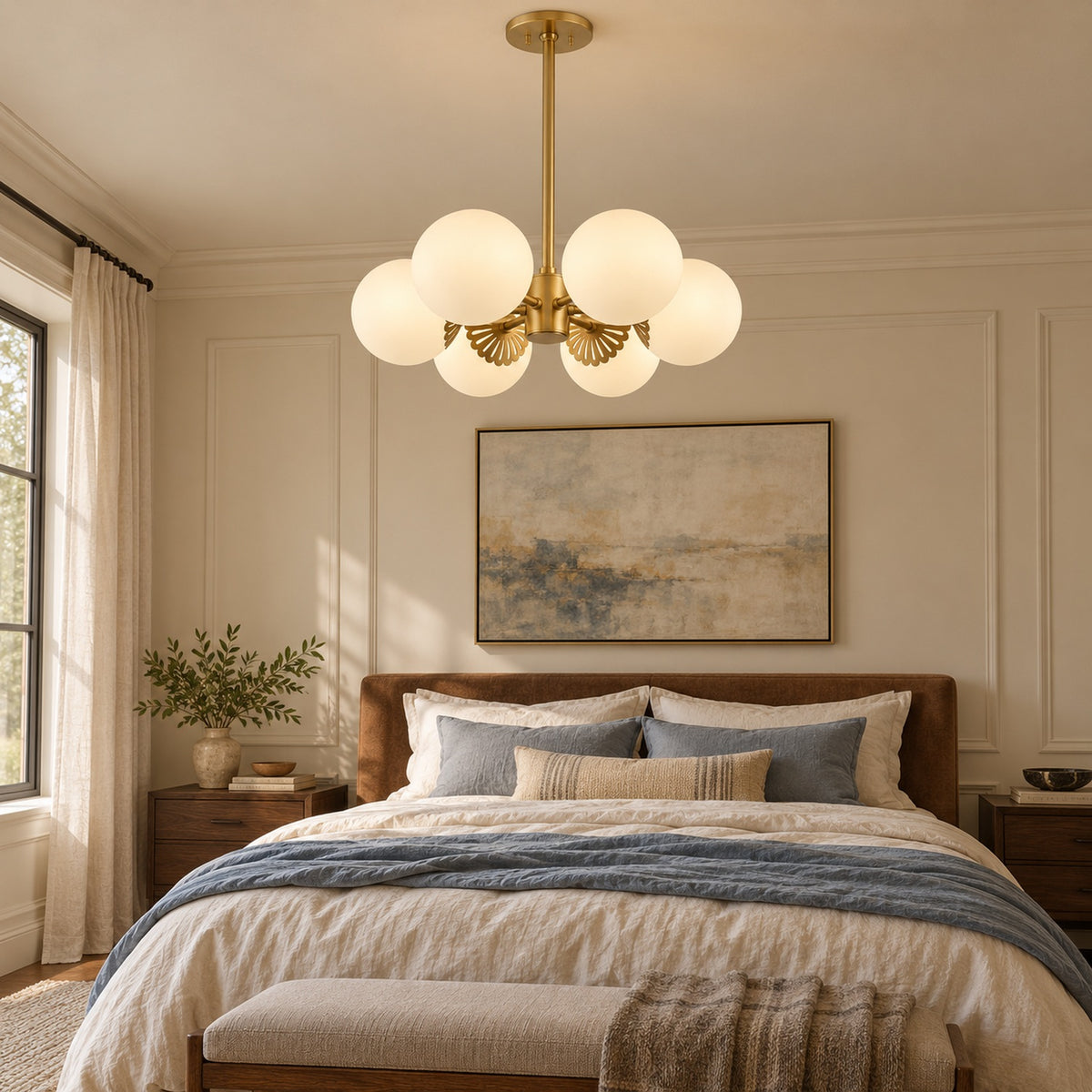 Dewdrop six-light opal glass chandelier above a bed in a warm transitional bedroom | CARRA HOME