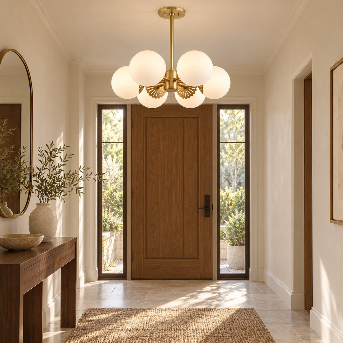 Dewdrop opal glass globe chandelier with a short gold rod in an ordinary-height entryway | CARRA HOME