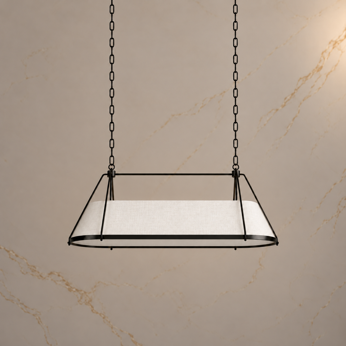 Ellery Linen Tapered Linear Chandelier, black light off with reference-matched frame and suspension | CARRA HOME