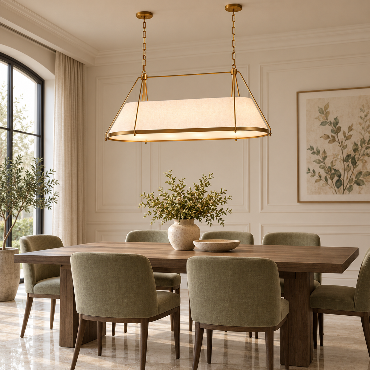 Ellery Linen Tapered Linear Chandelier, gold sage dining room with reference-matched frame and suspension | CARRA HOME