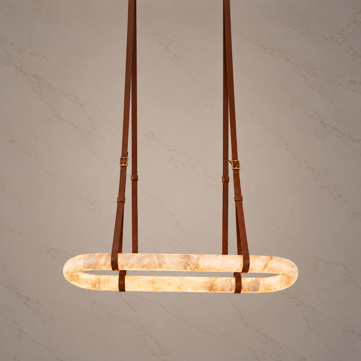 Elwin Alabaster Leather Oval Chandelier 135 cm, light on | CARRA HOME