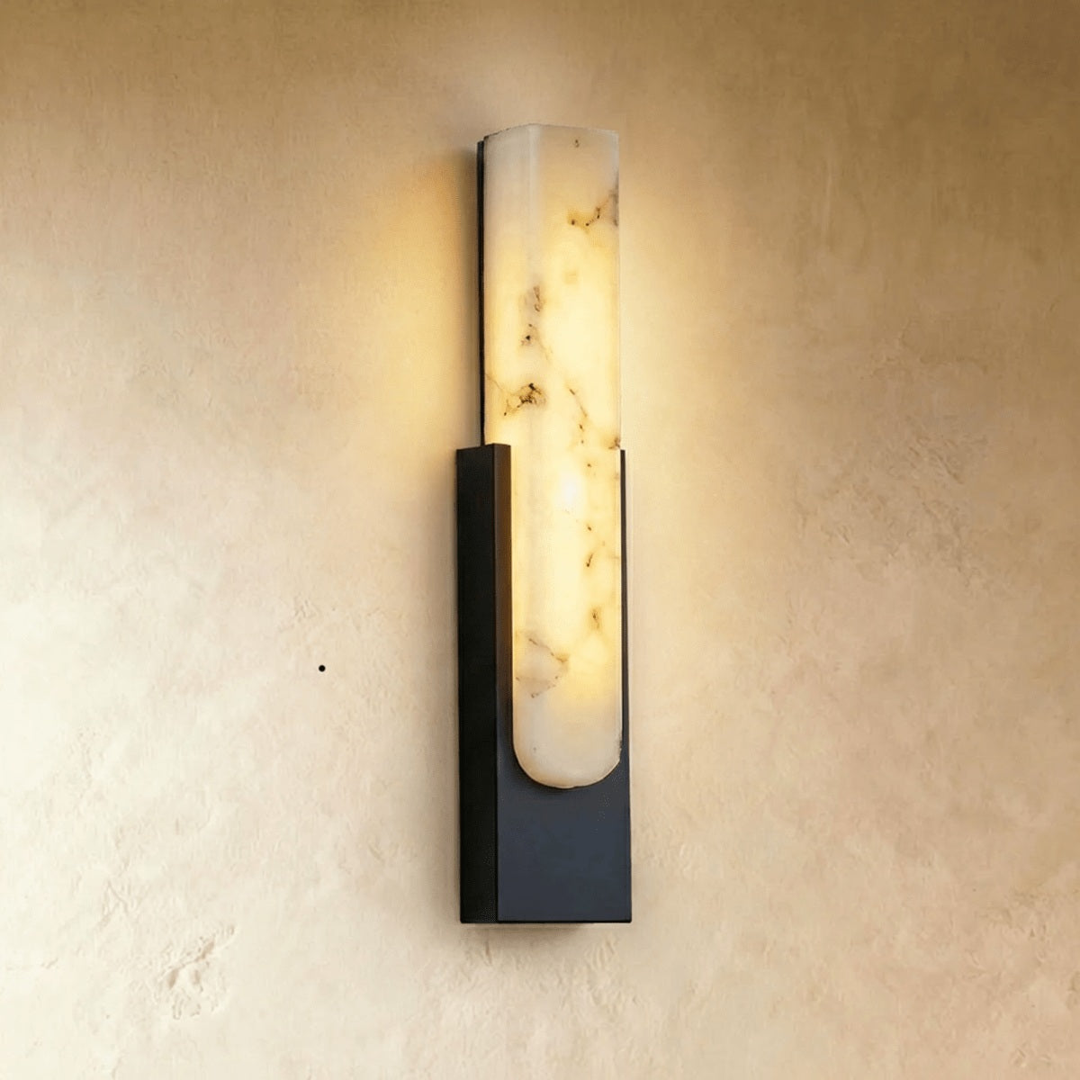 Emilia Alabaster Wall Sconce black hardware; source product view | CARRA HOME