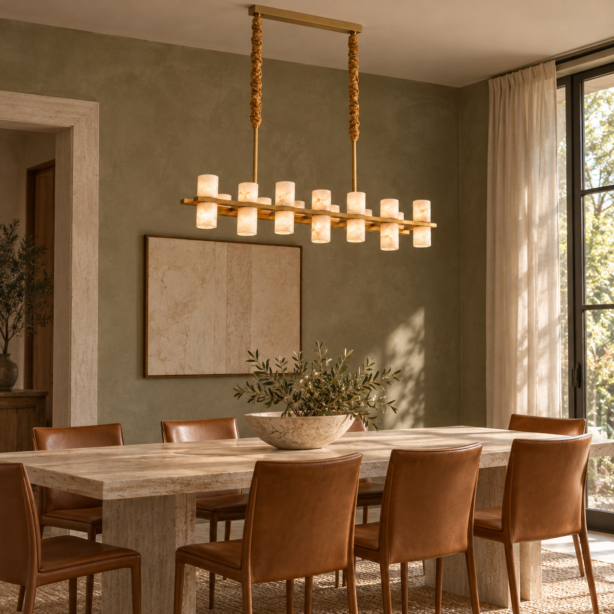 Filari alabaster cylinder linear chandelier, brass 85 cm, fourteen lights in dining room stone | CARRA HOME