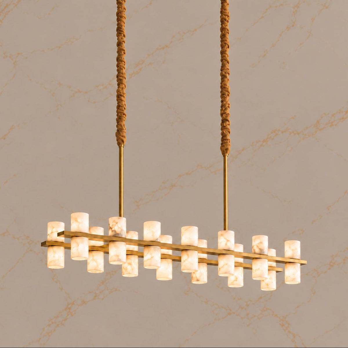 Filari Alabaster Cylinder Linear Chandelier gold 100cm eighteen lights, light on | CARRA HOME