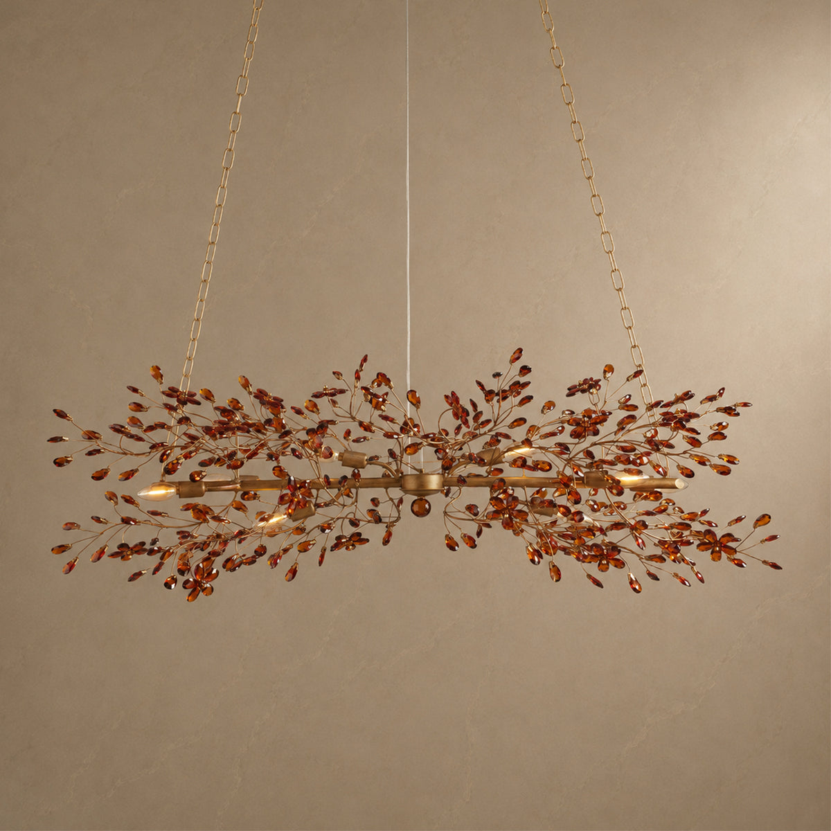 Fiore Crystal Branch Linear Chandelier in Red or Black with lights on