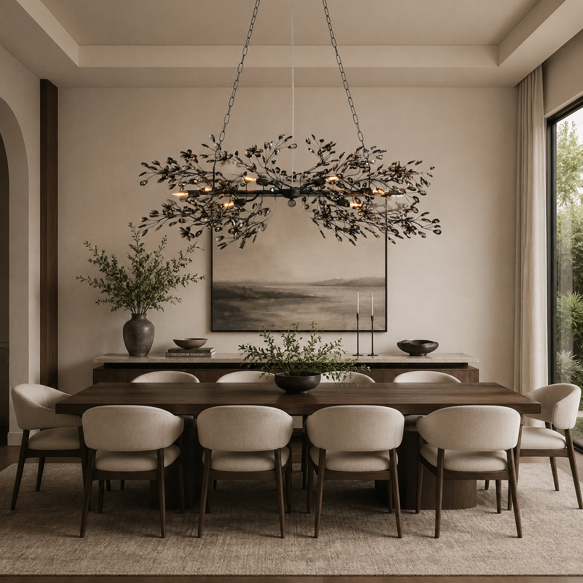 Fiore Crystal Branch Linear Chandelier in Red or Black with lights on