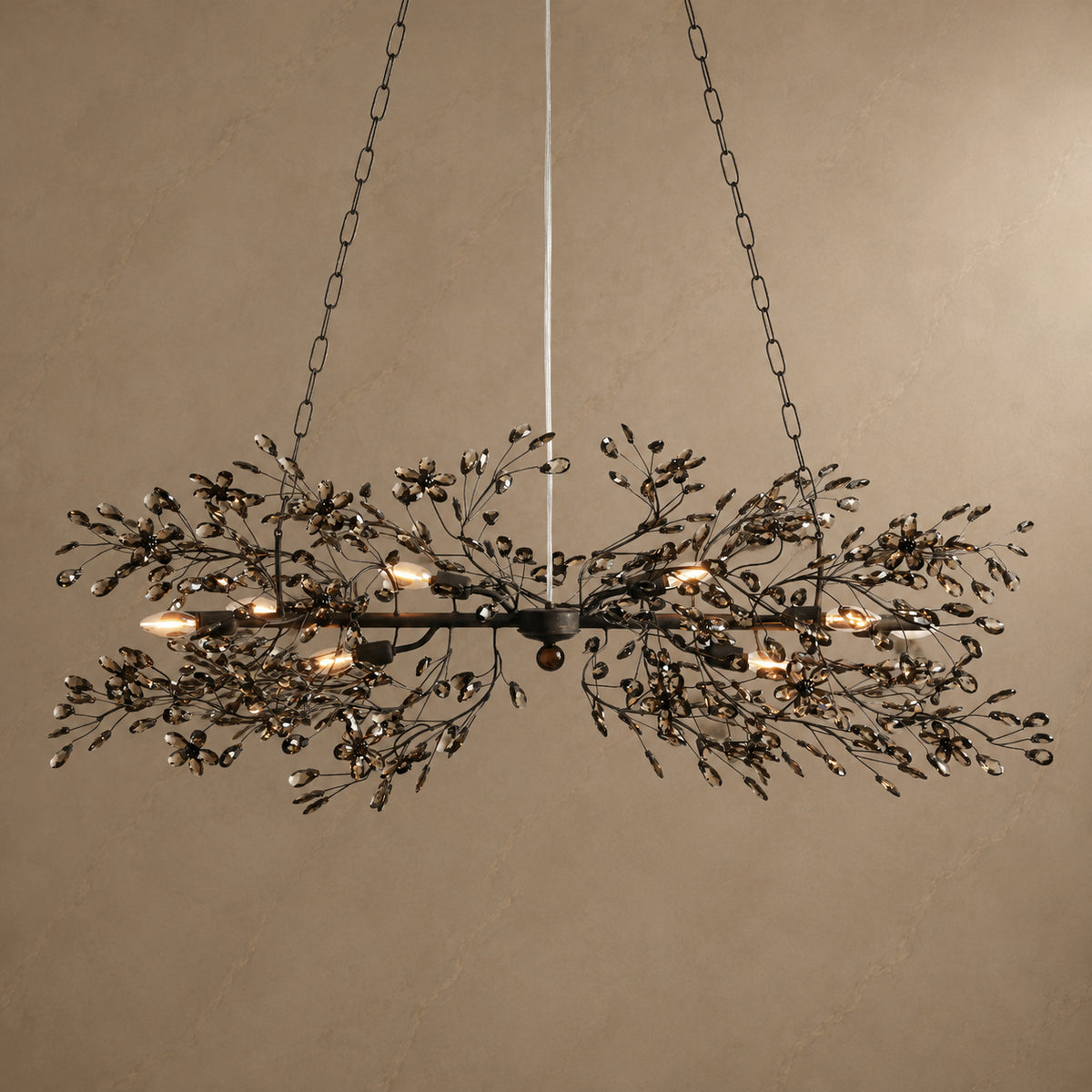 Fiore Crystal Branch Linear Chandelier in Red or Black with lights on
