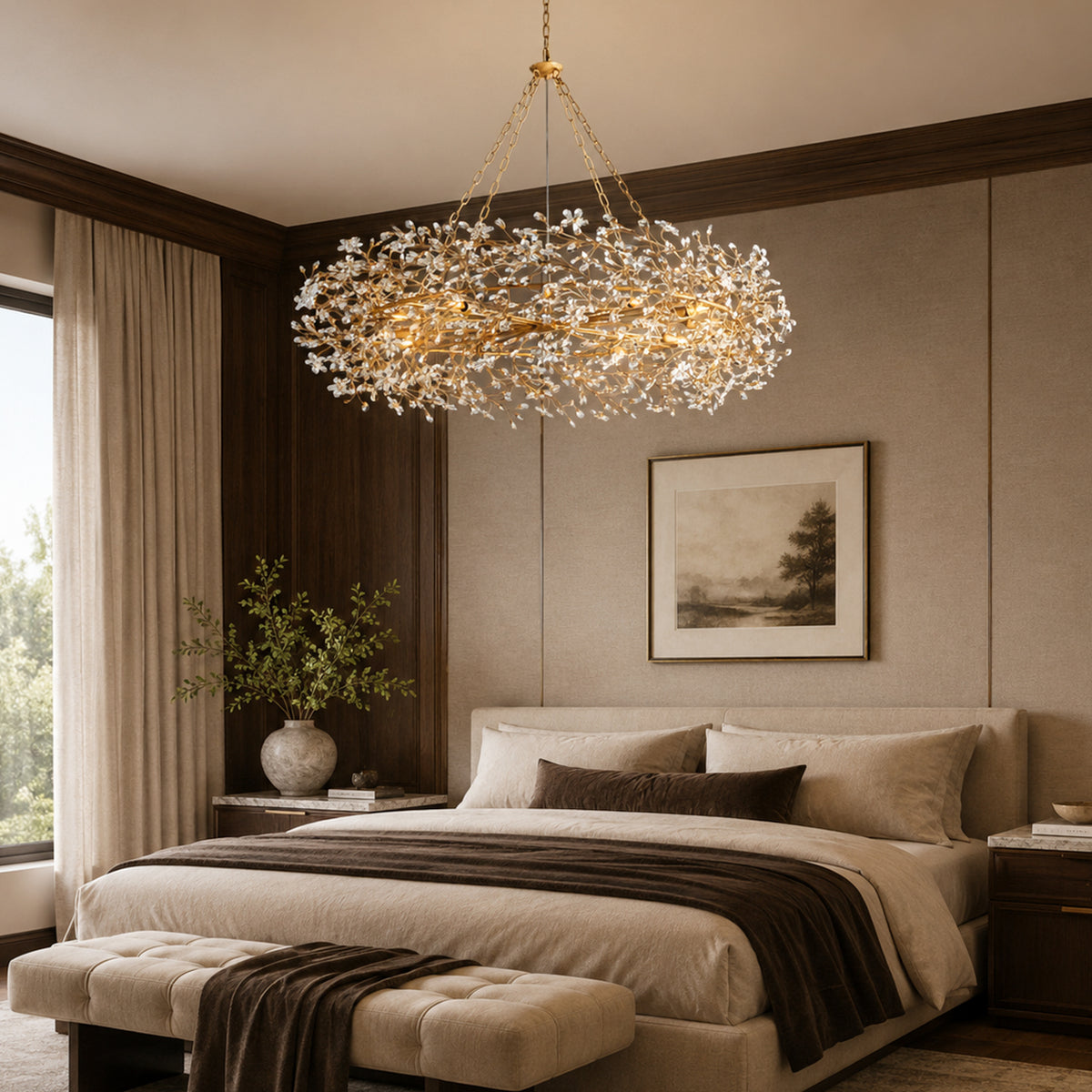 Fiore Crystal Crown Chandelier in a bedroom