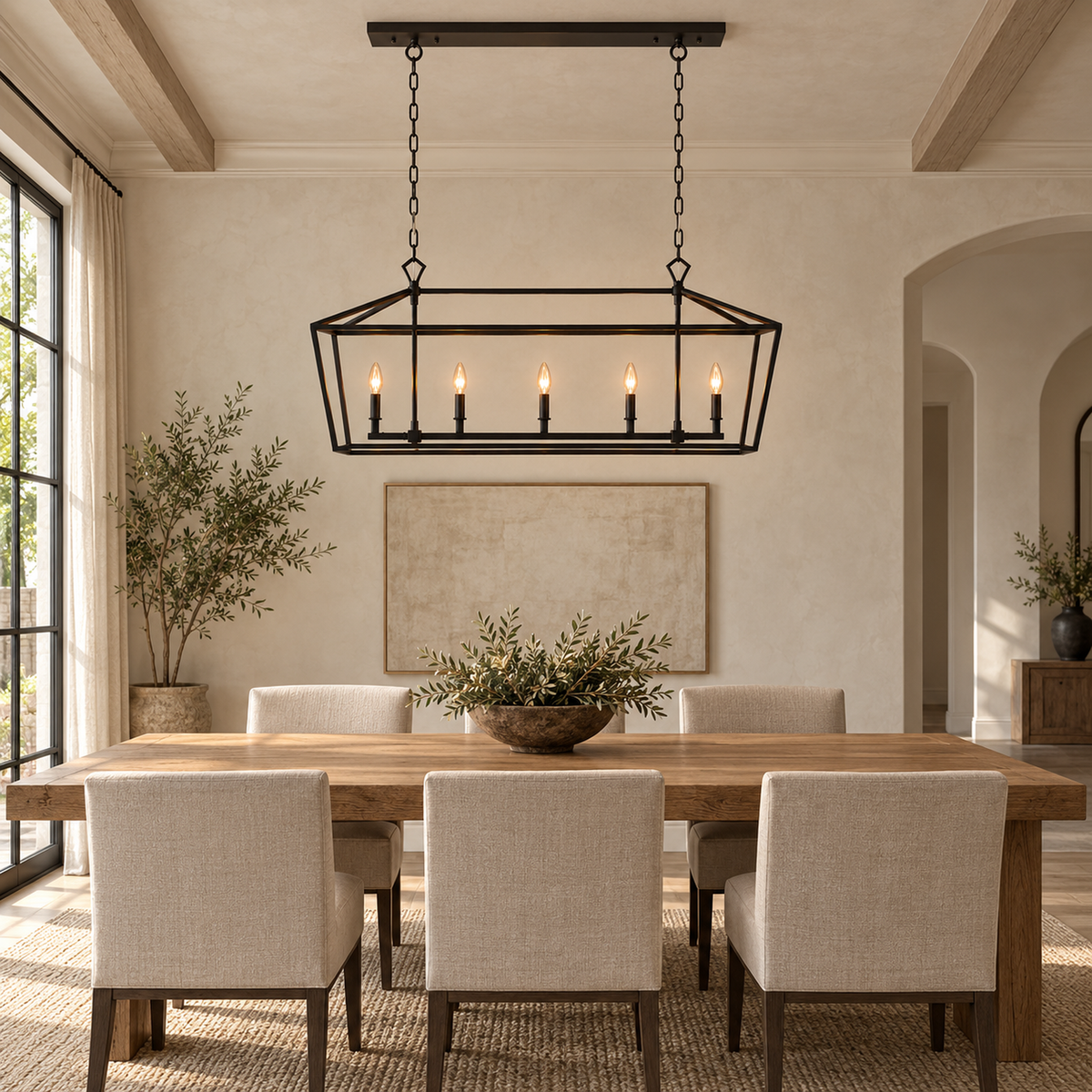 Garnet chandelier centered above a long oak dining table | CARRA HOME