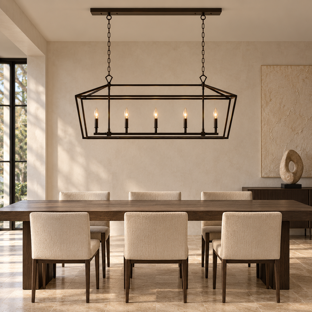 Garnet chandelier centered above a smoked oak dining table | CARRA HOME