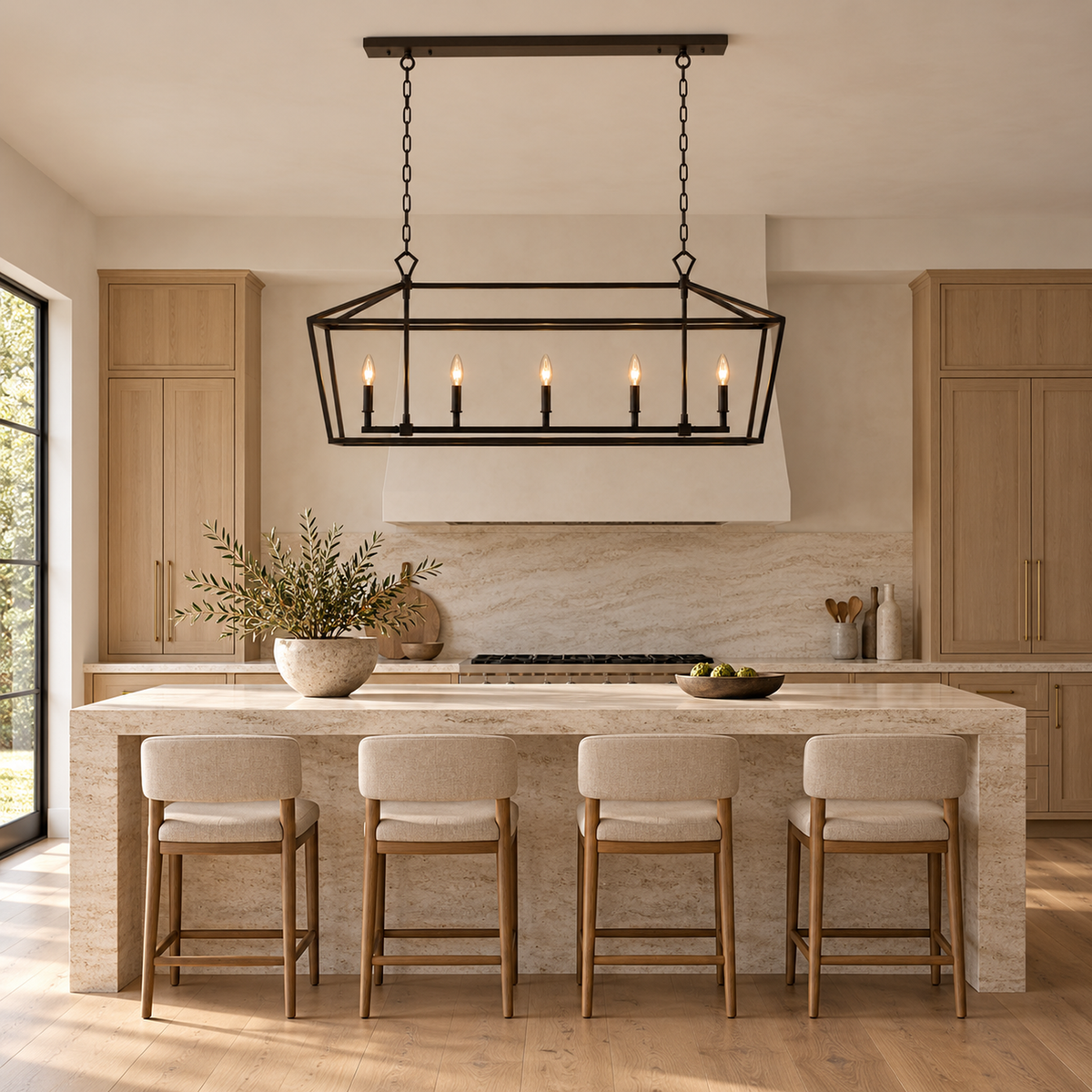 Garnet chandelier above a travertine kitchen island | CARRA HOME