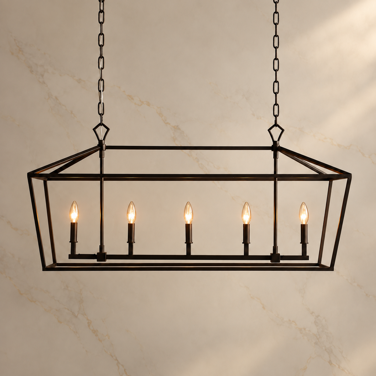Garnet five-light iron rectangular chandelier illuminated in bronze | CARRA HOME