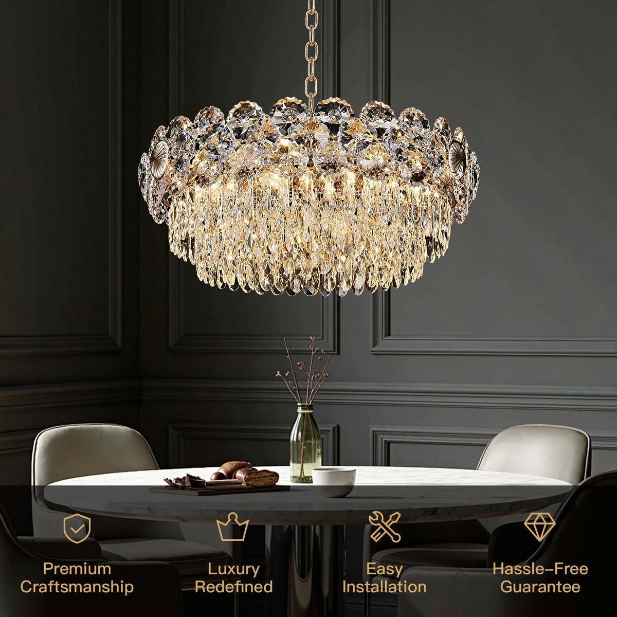Glacia Modern Luxury Staggered K9 Crystal Flush Mount Chandelier key features: Premium Craftsmanship, Luxury Redefined, Easy Installation, Hassle-Free Guarantee | Carra Home