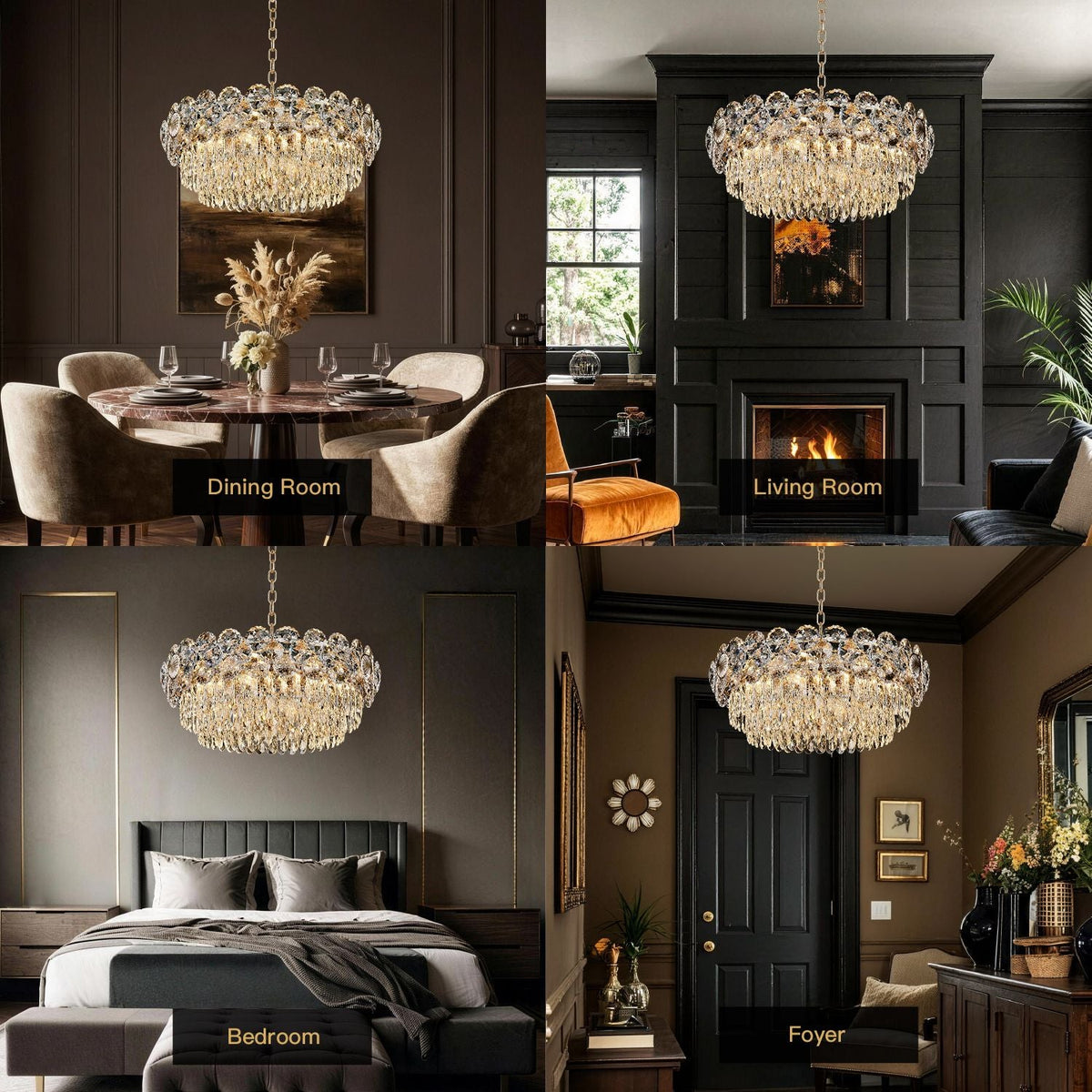 Glacia Modern Luxury Staggered K9 Crystal Flush Mount Chandelier in 4 home/commercial scenes: Dining Room (round table), Kitchen Island (white countertop), Living Room (beige sofa), Commercial (conference room) | Carra Home