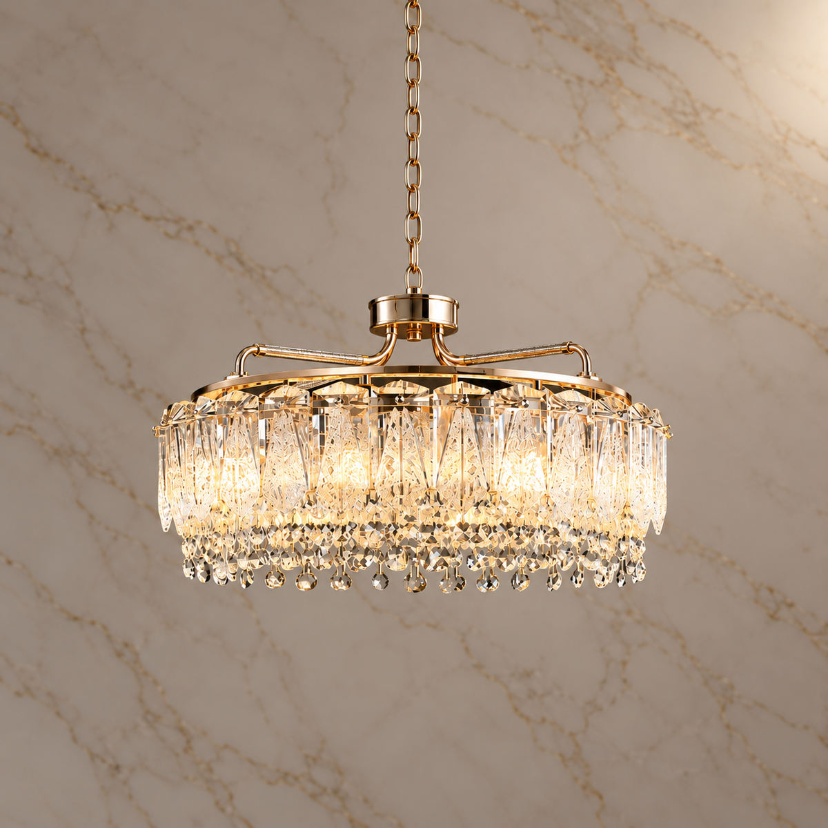 Glacier gold crystal ring chandelier, 60 cm, light on