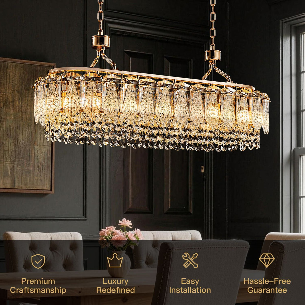 Glacier Modern Linear Ice-Cracked Crystal Chandelier key features: Premium Craftsmanship, Luxury Redefined, Easy Installation, Hassle-Free Guarantee — displayed over a dining table with pink floral decor | CARRA HOME