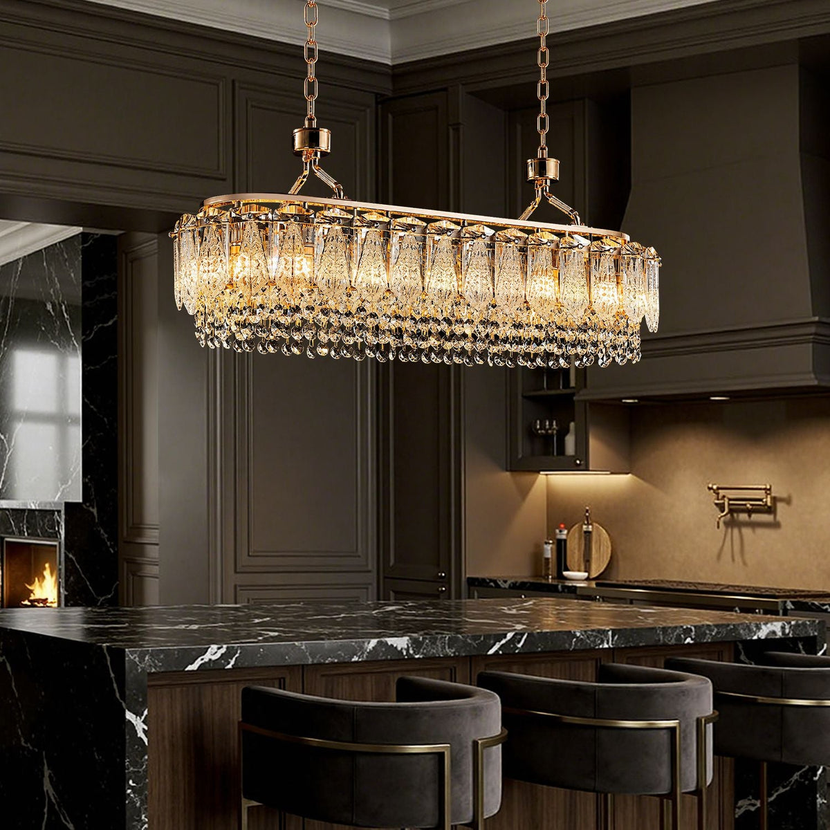 Glacier Modern Linear Ice-Cracked Crystal Chandelier in a modern kitchen — hanging above a marble kitchen island with dark wood cabinetry and stylish bar stools, featuring a cozy fireplace in the background | CARRA HOME