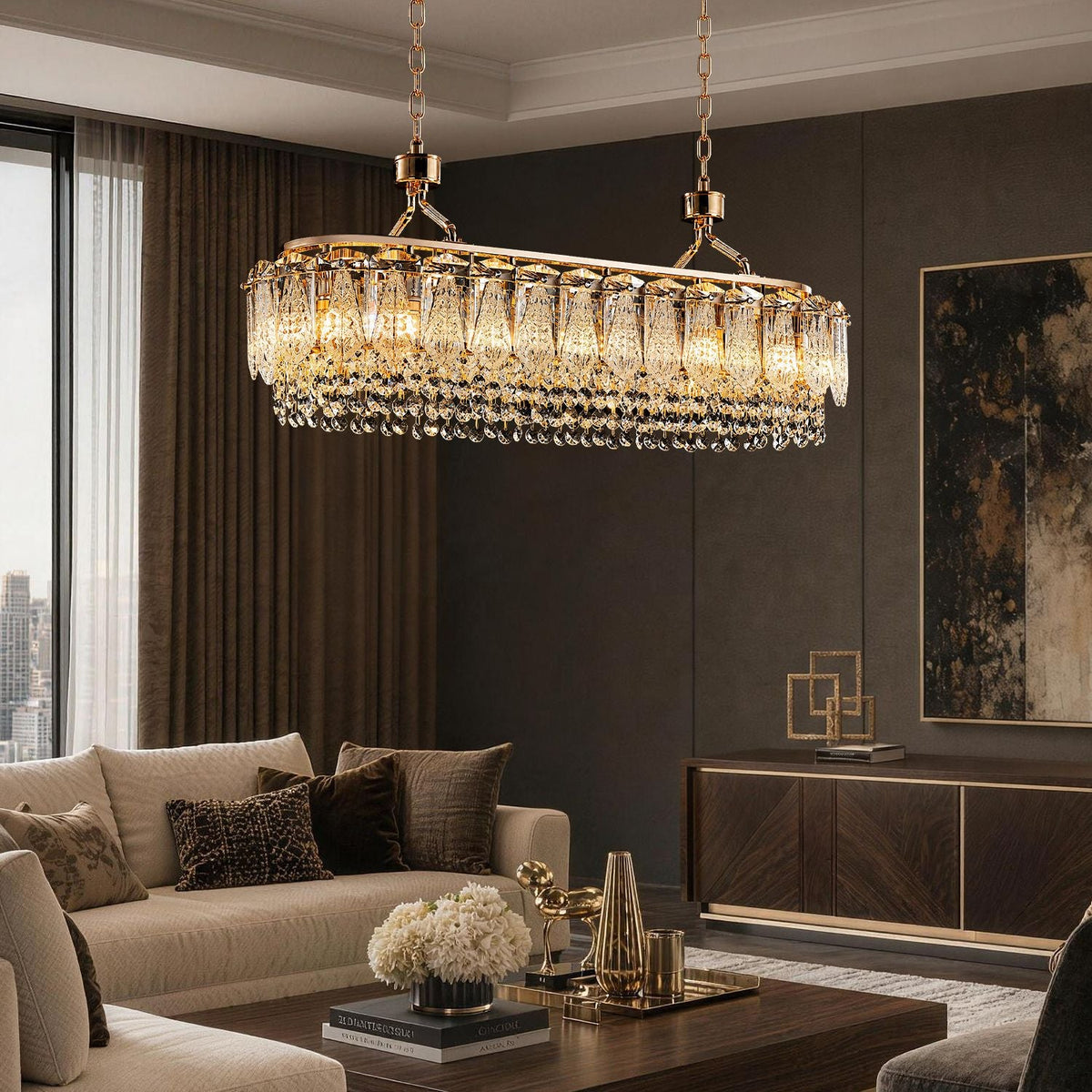 Glacier Modern Linear Ice-Cracked Crystal Chandelier in a sophisticated living room — illuminating a beige sectional sofa with decorative pillows, a dark wood coffee table, and abstract wall art | CARRA HOME
