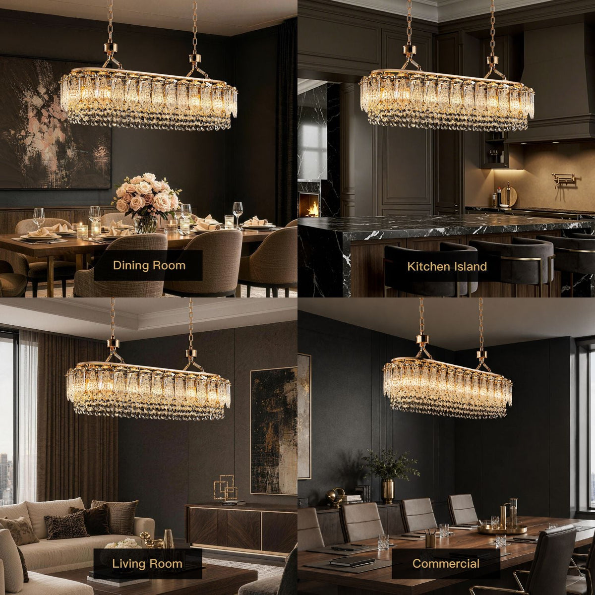 Glacier Modern Linear Ice-Cracked Crystal Chandelier in 4 home and commercial scenes: Dining Room (table setting), Kitchen Island (marble countertop), Living Room (sofa and coffee table), Commercial (conference setting) | CARRA HOME