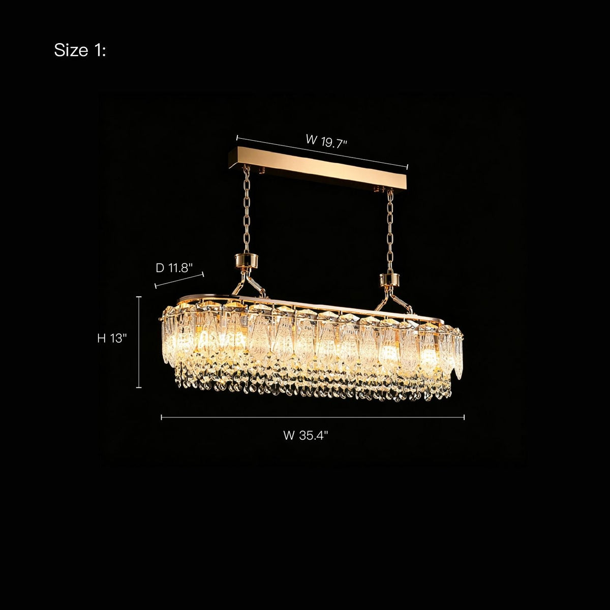 Glacier Modern Linear Ice-Cracked Crystal Chandelier Size 1 technical drawing — dimensions: Width 19.7 inches, Height 13 inches, Depth 11.8 inches, displayed on a black background | CARRA HOME