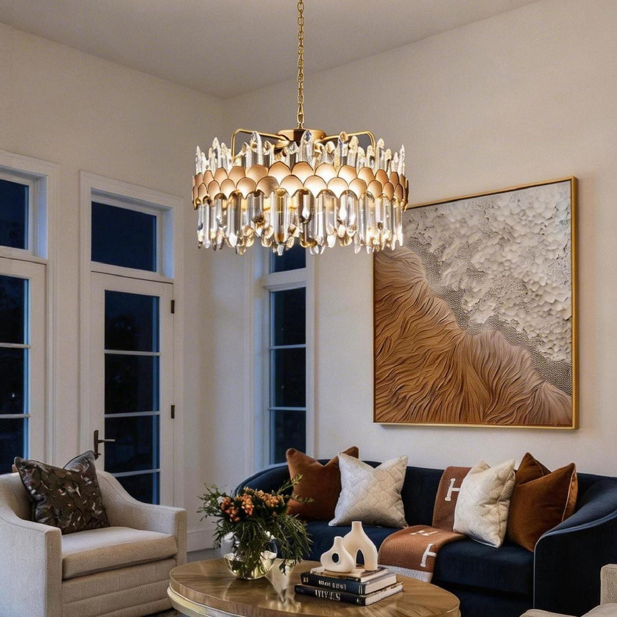 gold k9 crystal round chandelier lighting modern living room with sofa and decorative interior | Carra Home