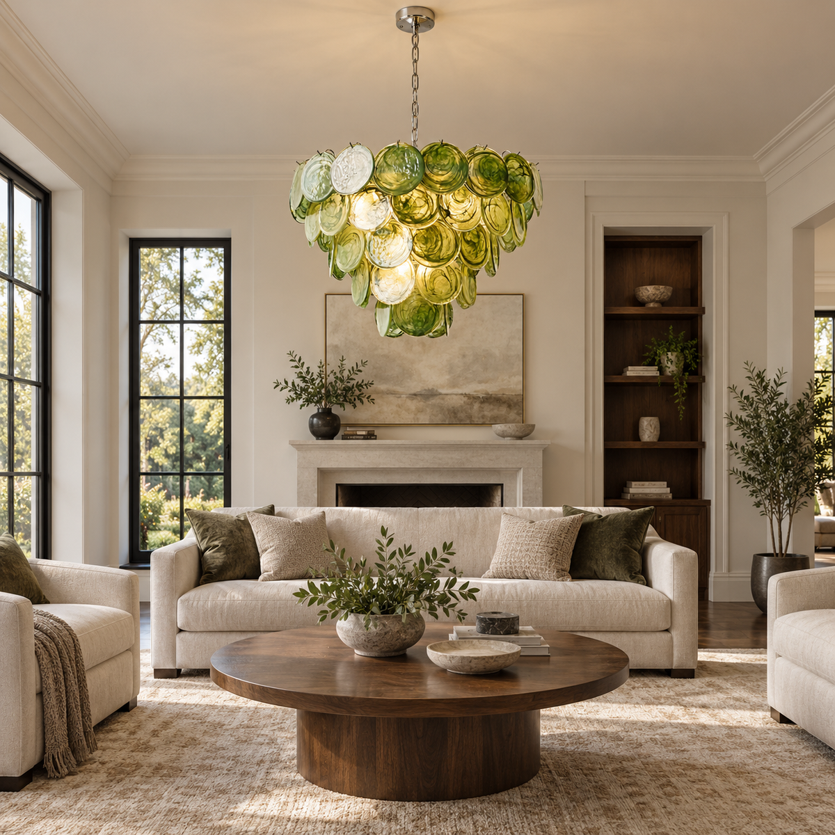 green glass disc cluster chandelier living room scene