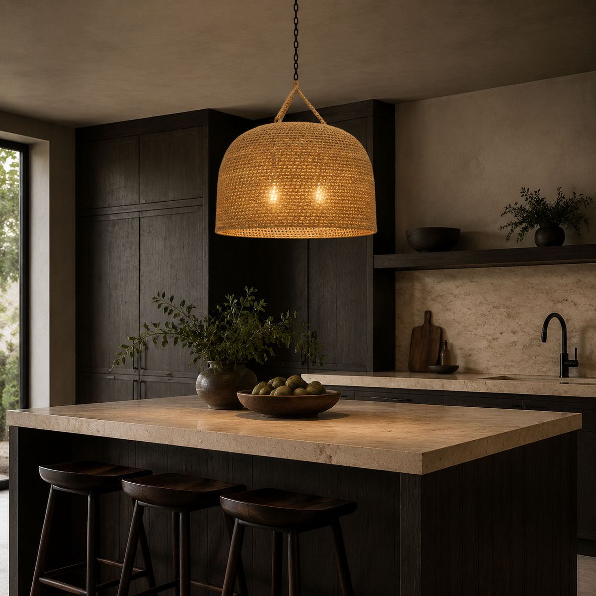 Green Oaks oversized pendant above a charcoal kitchen island