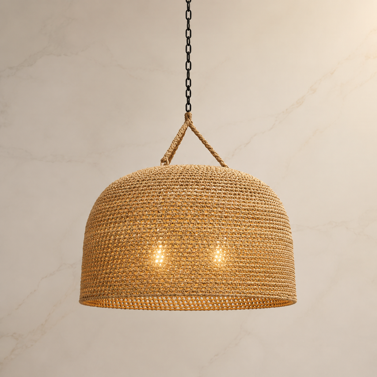 Green Oaks natural woven oversized pendant illuminated