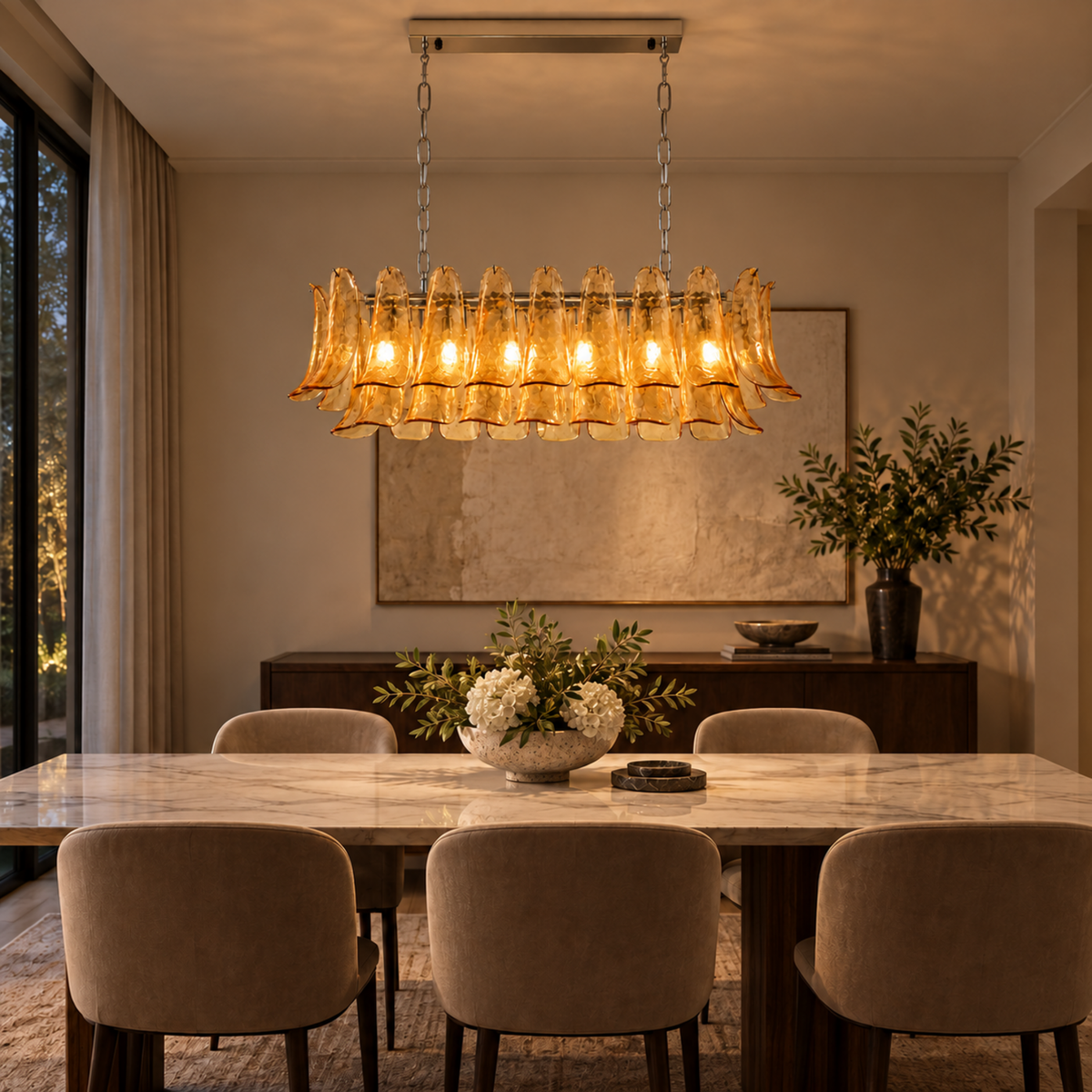 Liora amber glass linear chandelier in dining room | CARRA HOME