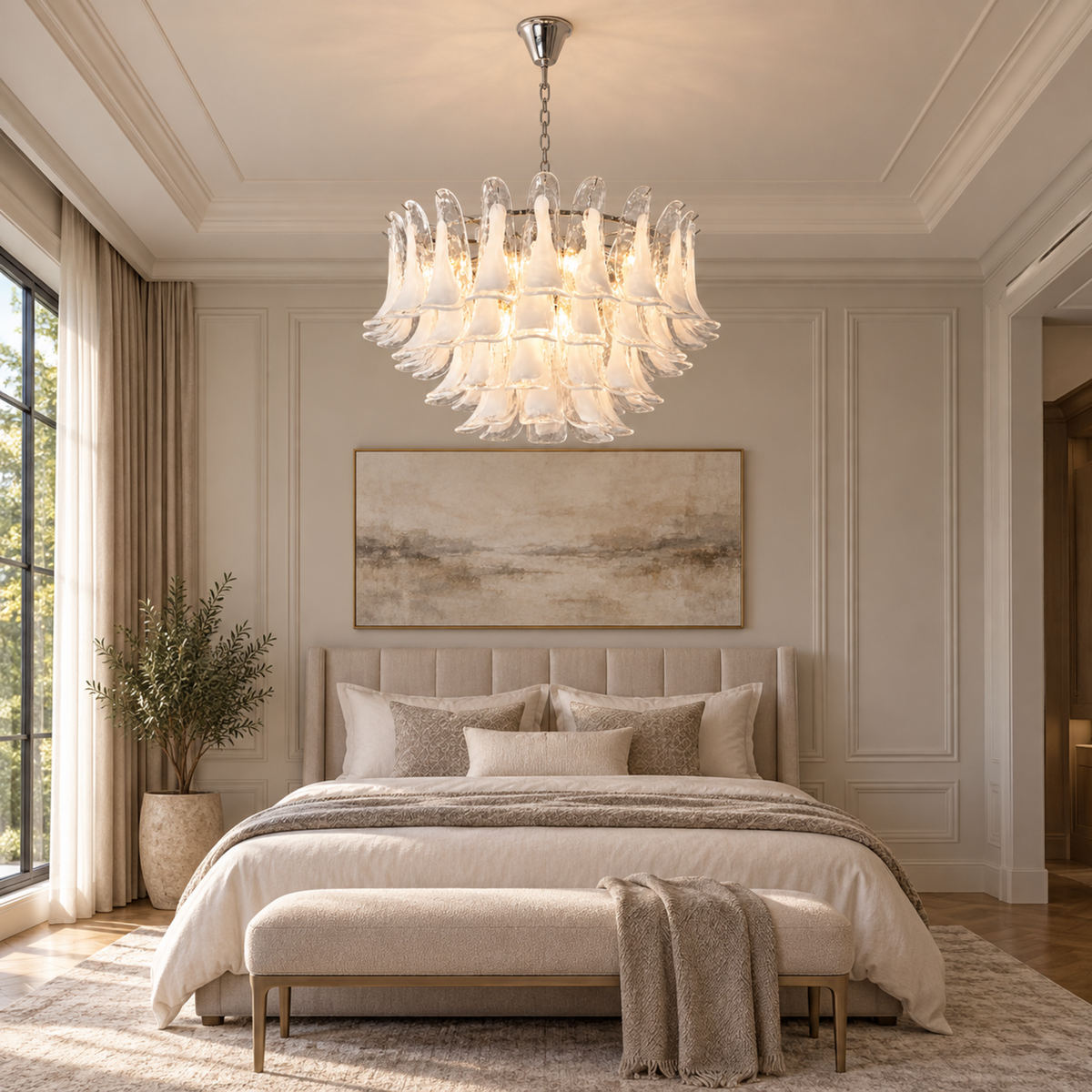 Florielle clear glass petal chandelier in bedroom | CARRA HOME