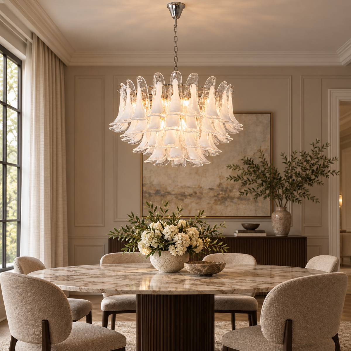 Florielle clear glass petal chandelier in dining room | CARRA HOME