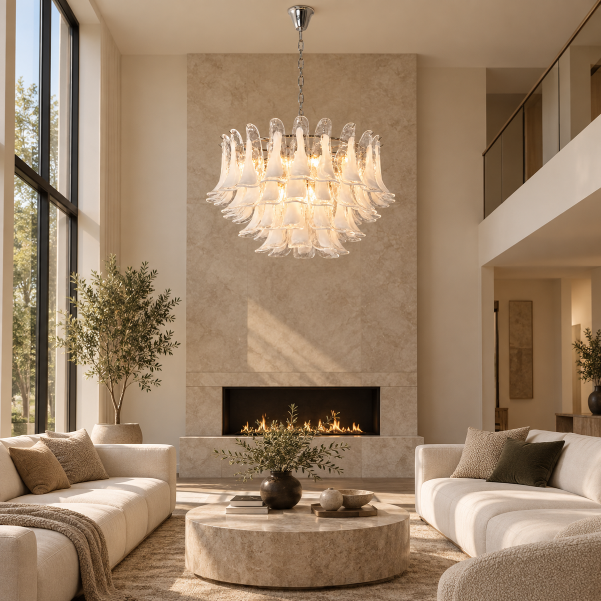 Florielle clear glass petal chandelier in living room | CARRA HOME