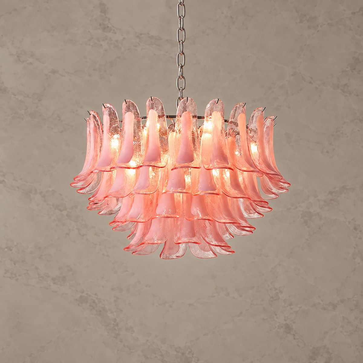 Florielle pink glass petal chandelier, 79 cm, illuminated | CARRA HOME