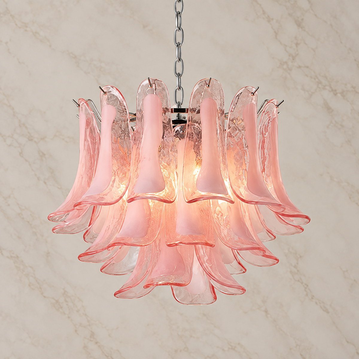 Florielle pink glass petal chandelier, 50 cm, illuminated | CARRA HOME