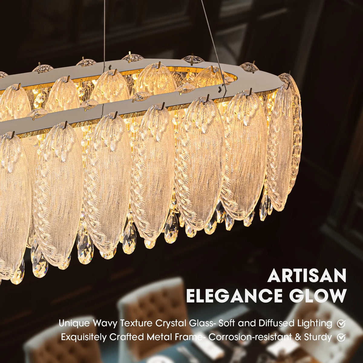 close-up-of-handcrafted-crystal-glass-leaf-oval-chandelier-ch343-Carra Home-lighting