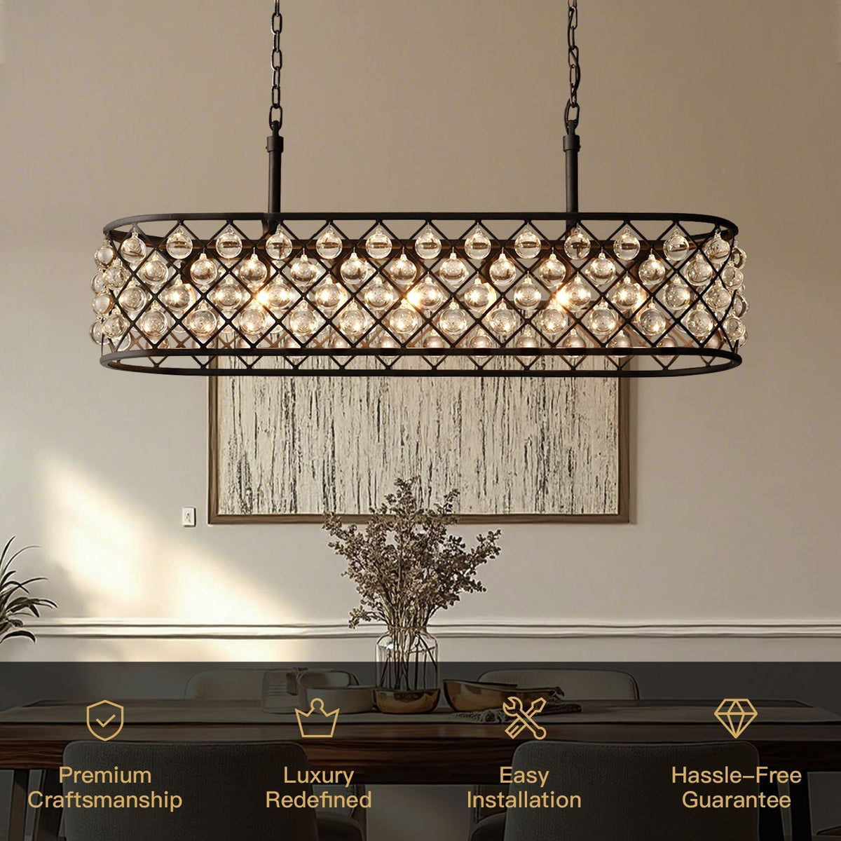 Harlow Modern Industrial Matte Black K9 Crystal Rectangle Chandelier key features: Premium Craftsmanship, Luxury Redefined, Easy Installation, Hassle-Free Guarantee | Carra Home
