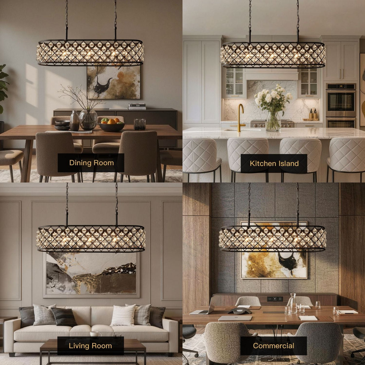 Harlow Modern Industrial Matte Black K9 Crystal Rectangle Chandelier in 4 home/commercial scenes: Dining Room (wooden table), Kitchen Island (marble countertop), Living Room (beige sofa), Commercial (conference table) | Carra Home