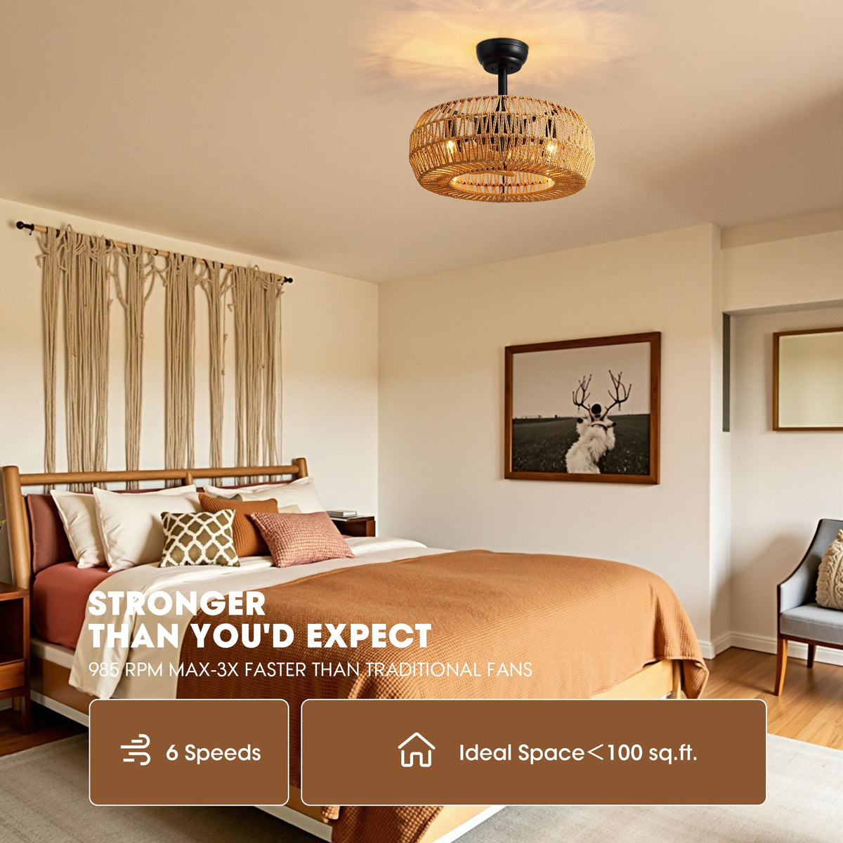 Haven Caged Ceiling Fan 6-speed settings — up to 955 RPM, 3x faster than traditional fans, ideal for spaces under 100 sq ft | CARRA HOME