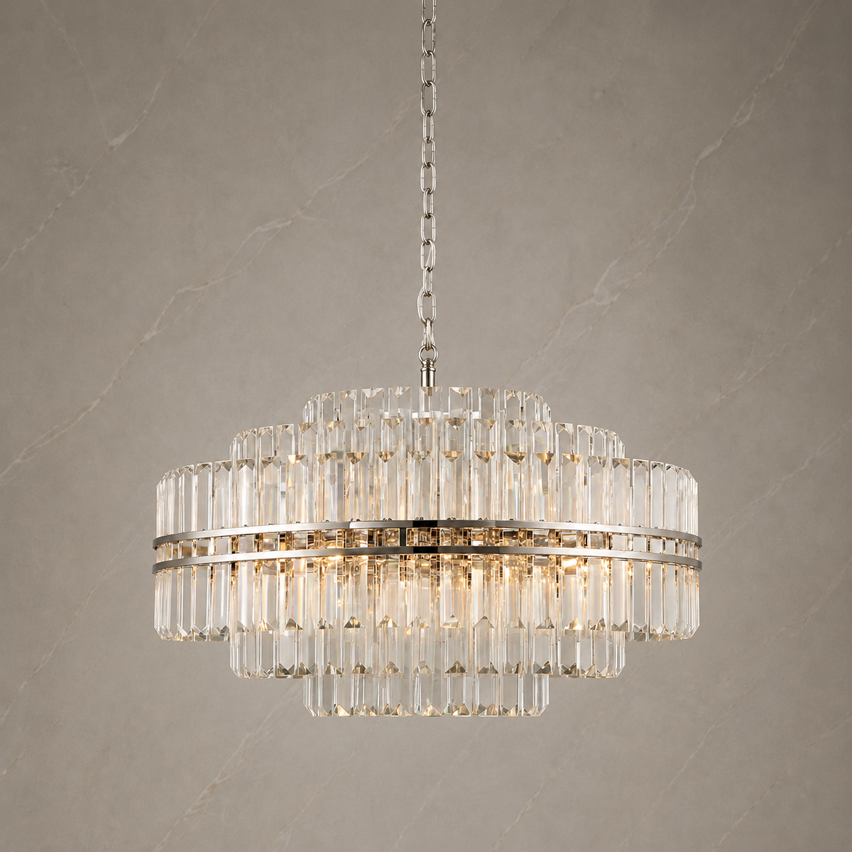 Hayes Crystal Round 16-Light Chandelier in chrome, 71cm, light on