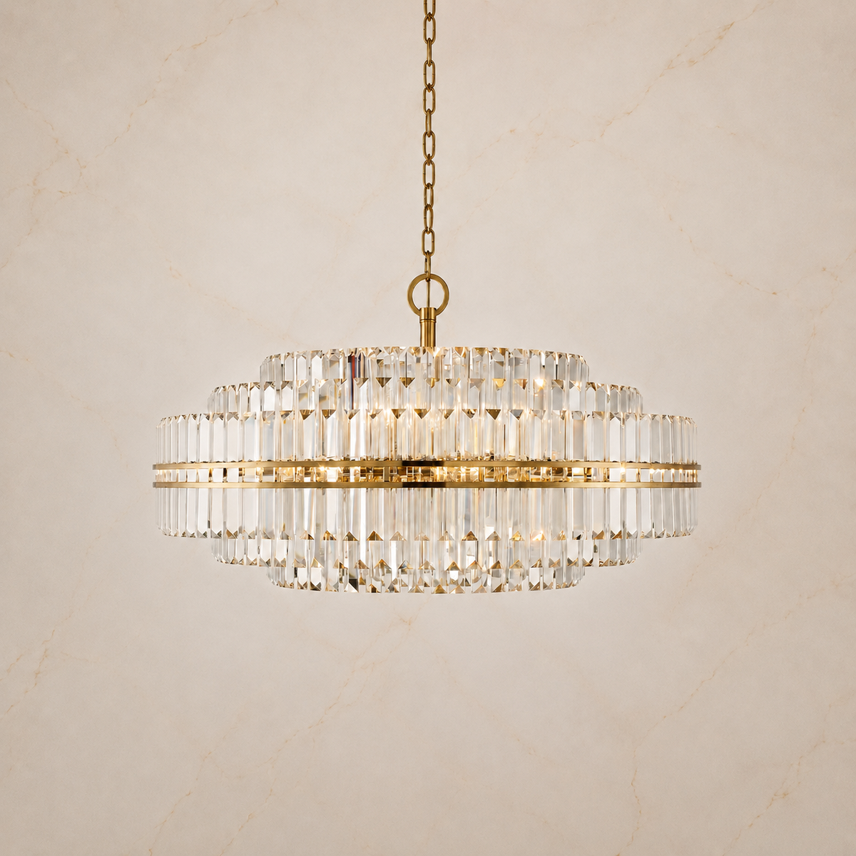 Hayes Crystal Round 16-Light Chandelier in gold, 102cm, light on