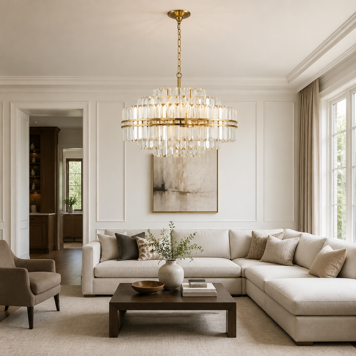 Hayes Crystal Round 16-Light Chandelier in gold in a living room
