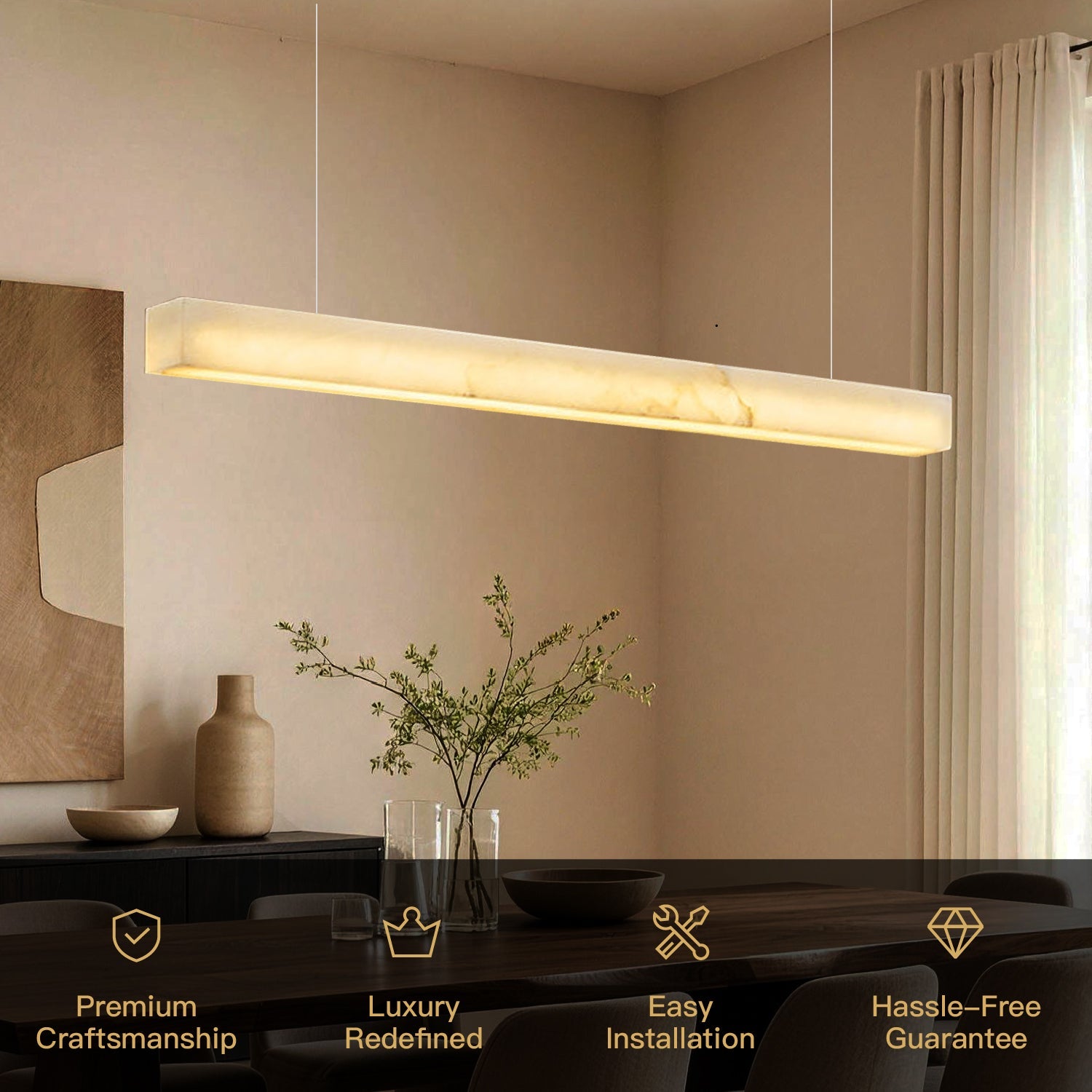 Horizon Modern Minimalist Alabaster Ultra-Slim Linear LED Chandelier key features: Premium Craftsmanship, Luxury Redefined, Easy Installation, Hassle-Free Guarantee — displayed over a dining table with green plant decor -carra-home