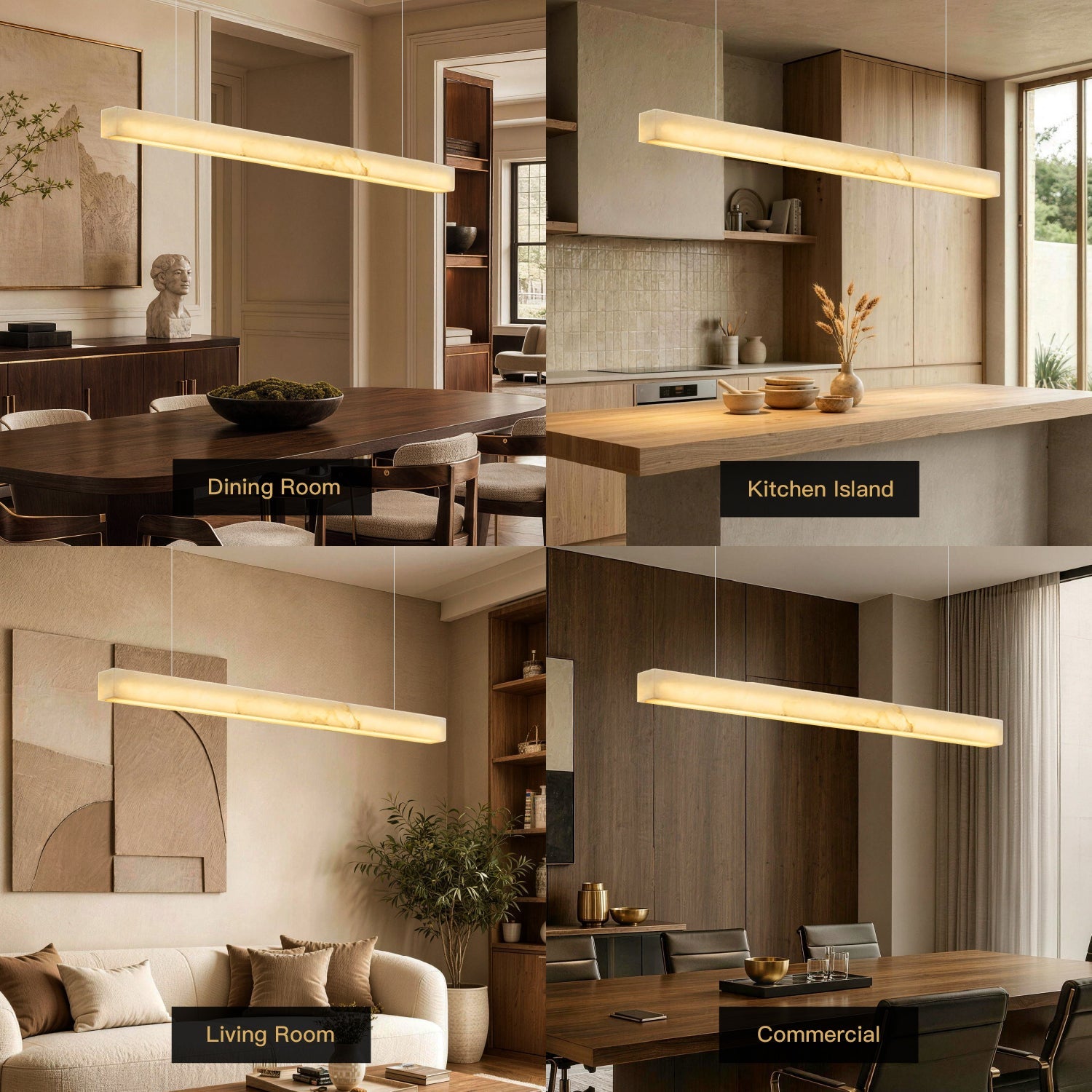 Horizon Modern Minimalist Alabaster Ultra-Slim Linear LED Chandelier in 4 home and commercial scenes: Dining Room (table setting), Kitchen Island (wooden countertop), Living Room (sofa and coffee table), Commercial (concrete wall interior) -carra-home