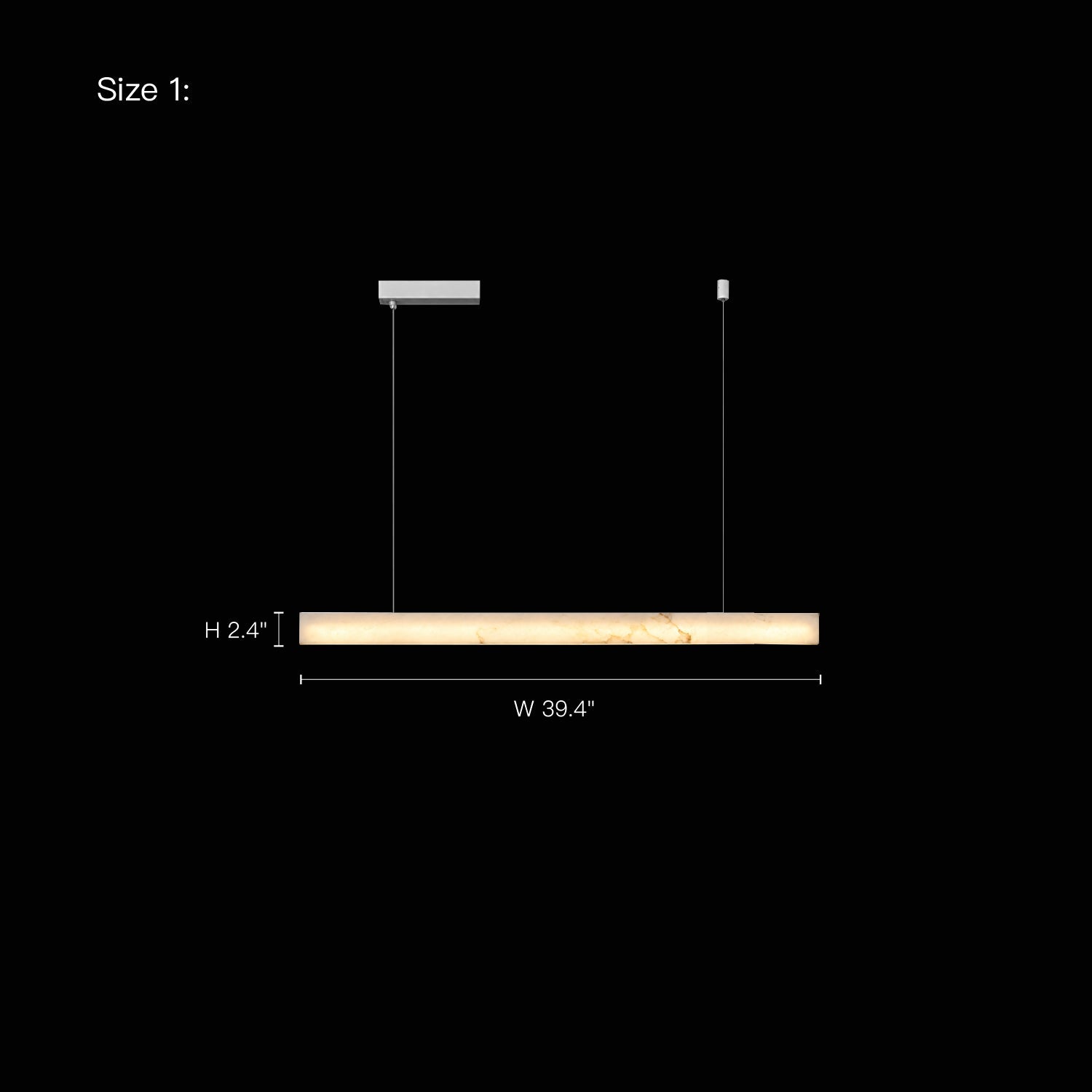 Size diagram for Horizon Modern Minimalist Alabaster Ultra-Slim Linear LED Chandelier (Size 1) — dimensions: Height 2.4 inches, Width 39.4 inches, displayed on black background with product silhouette -carra-home