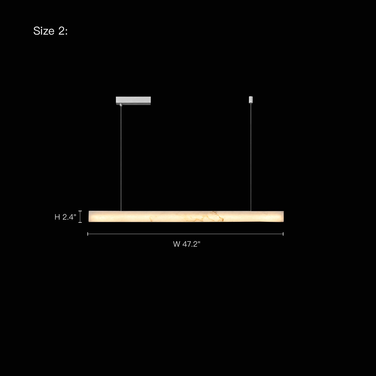 Size diagram for Horizon Modern Minimalist Alabaster Ultra-Slim Linear LED Chandelier (Size 2) — dimensions: Height 2.4 inches, Width 47.2 inches, displayed on black background with product silhouette -carra-home