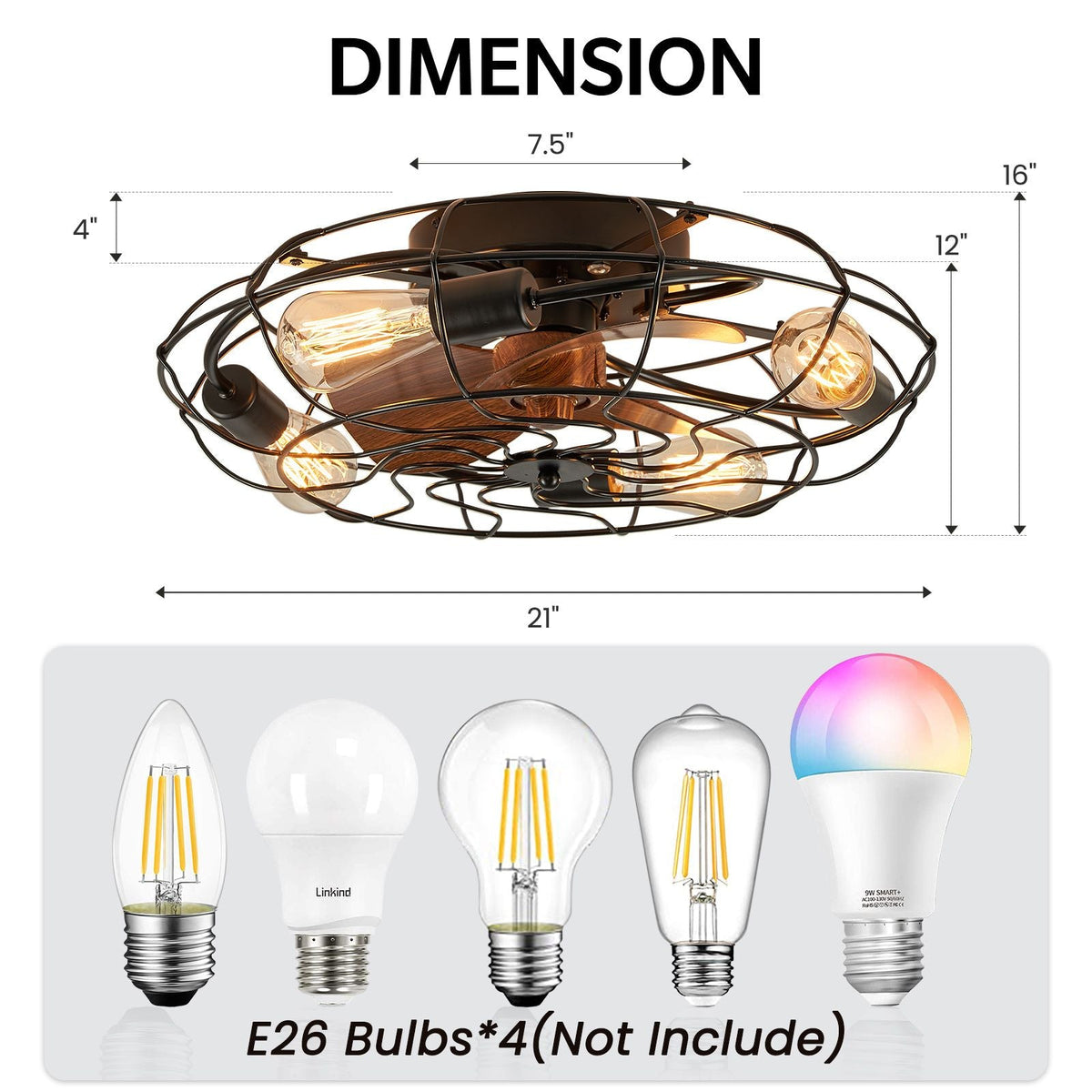 Kestrel 21" Industrial Ceiling Fan dimensions — 21" diameter, 12" height, 5.9" canopy, adjustable hanging chain, ideal for rooms up to 150 sq ft | CARRA HOME