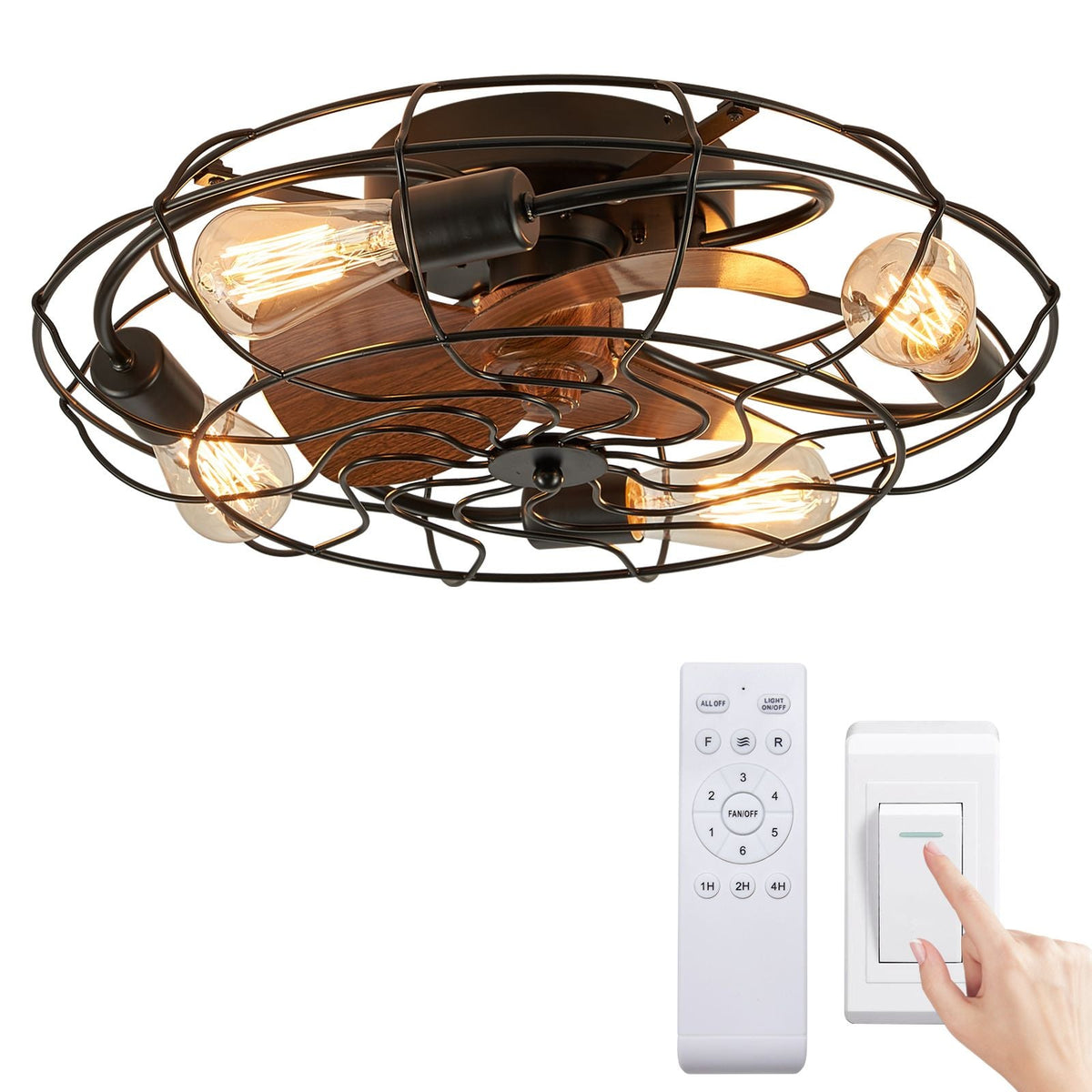 Kestrel 21" Industrial Caged Ceiling Fan with Light — black metal frame, exposed wood grain blades, Edison bulbs, modern rustic design for bedroom or living room | CARRA HOME
