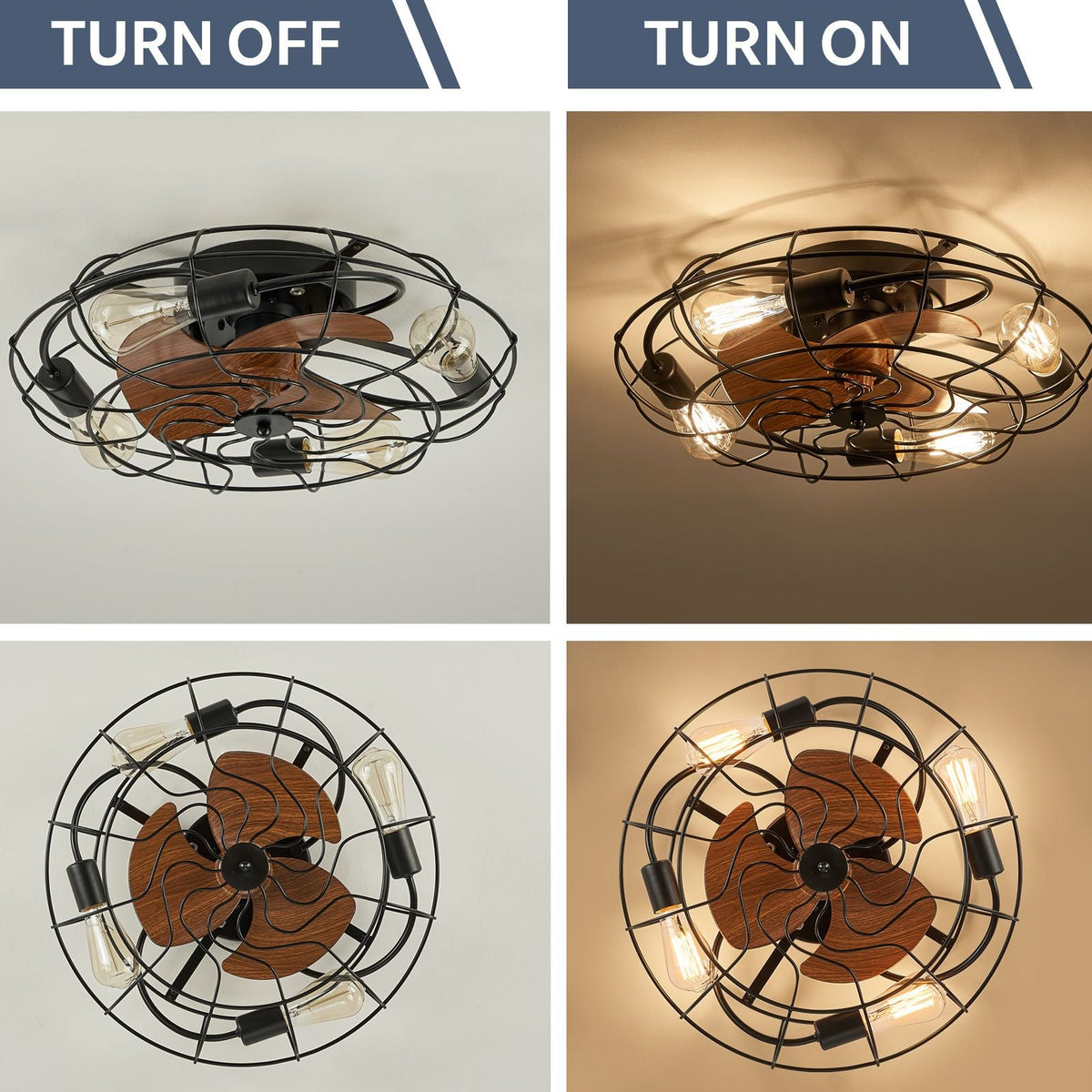 Kestrel Fan light OFF vs ON — warm Edison glow illuminates room, dimmable E26 bulbs (not included) enhance ambiance in bedroom or closet | CARRA HOME