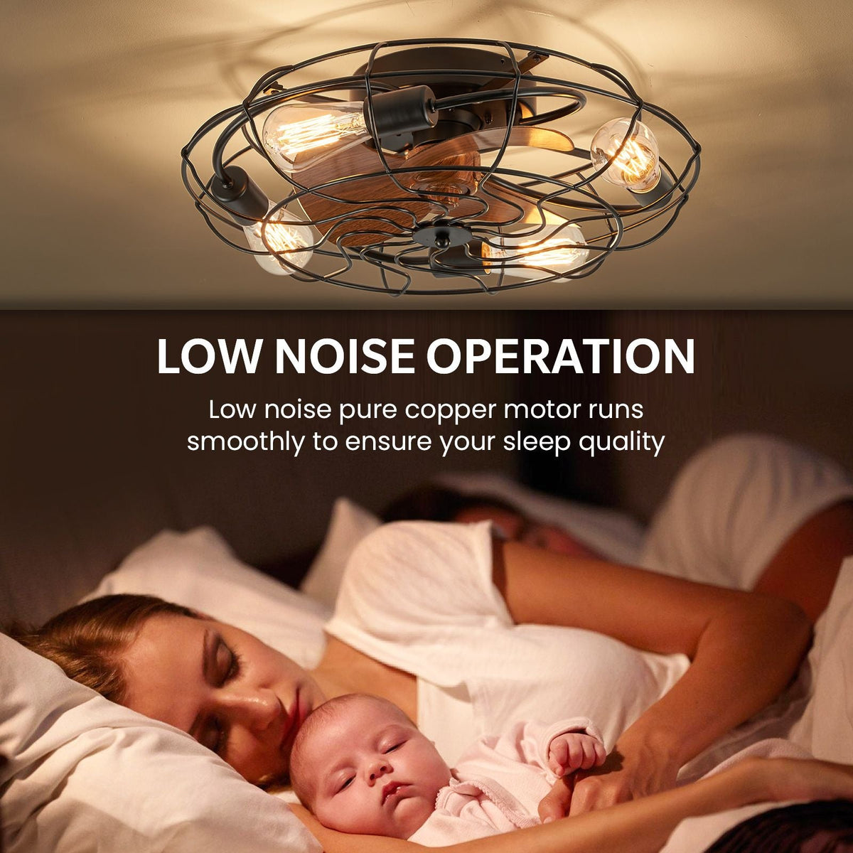 Kestrel Ceiling Fan low noise operation — pure copper DC motor runs smoothly at 30dB, ensuring peaceful sleep for babies and light sleepers | CARRA HOME
